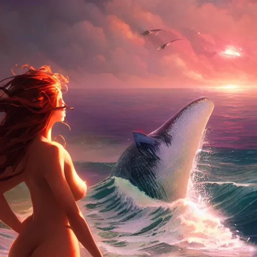 Prompt: close up of a beautiful girl on the horizon, looking at camera, model pose, slightly smiling, big wave, big whale fighting against sharks on the background, by peter mohrbacher and makoto shinkai and ferdinand knab