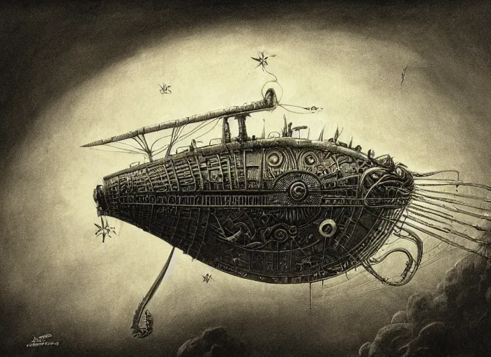 Prompt: detailed drawing of a steampunk spelljammer flying airship, illustrated by agostino arrivabene, hr giger, wayne barlowe, zdzisław beksiński, antiquity ship, ancient and modern, intricate details, clean linework, spacecraft, magical, sails, dragon