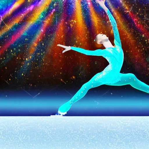 Prompt: silhouette of figure skater performing a layback spin on an iridescent lake with luminescent winter mountain landscape behind her