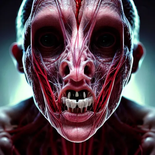 Prompt: female monster with translucent skin, visible muscles and veins and arteries and bones and spine and nerves, beautiful detailed intricate insanely detailed octane render, 8K artistic photography, photorealistic, chiaroscuro, by David Cronenberg, Raphael, Caravaggio