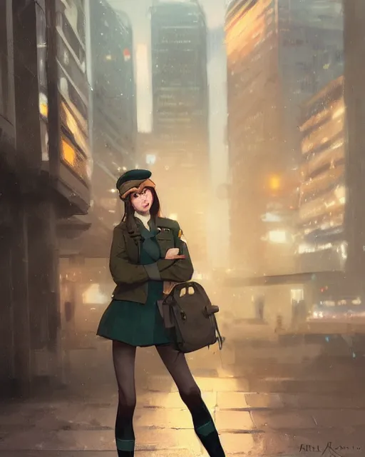 Image similar to young woman with shoulder length light brown hair and hazel eyes dressed in a sharp dark teal military uniform and beret, smiling, blurred city background in twilight lighting, ilya kuvshinov, greg rutkowski, guweiz, ross tran, loish, svetlana tigai, artgerm, artstation trending, concept art, digital painting