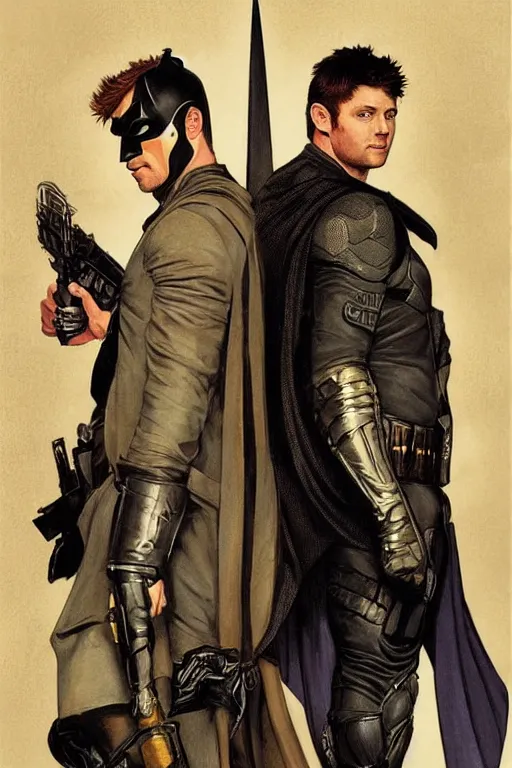 Image similar to a detailed matte portrait of jensen ackles dressed as batman and misha collins dressed as robin, masterpiece, 8 k, art by alphonse mucha and greg rutkowski