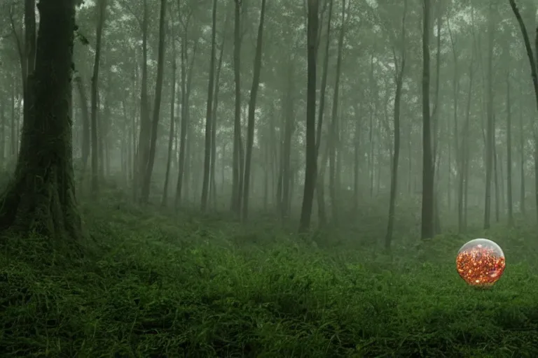 Prompt: a complex organic fractal 3 d ceramic sphere floating in a lush forest, foggy, cinematic shot, photo still from movie by denis villeneuve