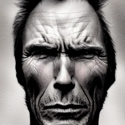 Image similar to character portrait of clint eastwood, lean face, cinematic lighting, glowing grey eyes, hyper - detailed, 4 k, high resolution, in the style of charlie bowater, tom bagshaw, single face, symmetrical, headshot photograph, insanely detailed and intricate, beautiful, elegant, watercolor, cinematic, portrait, raphaelite, headroom, pierre - auguste renoir