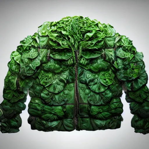 Image similar to jacket made out of cabbage, photorealistic, studio, detailed