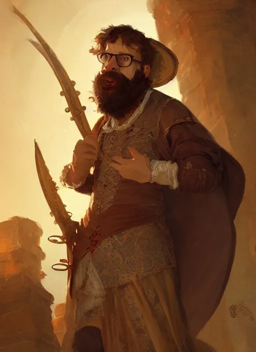 Prompt: illustration of rick moranis as a bard dressed in renaissance clothing with a big beard, by greg rutkowski artstation