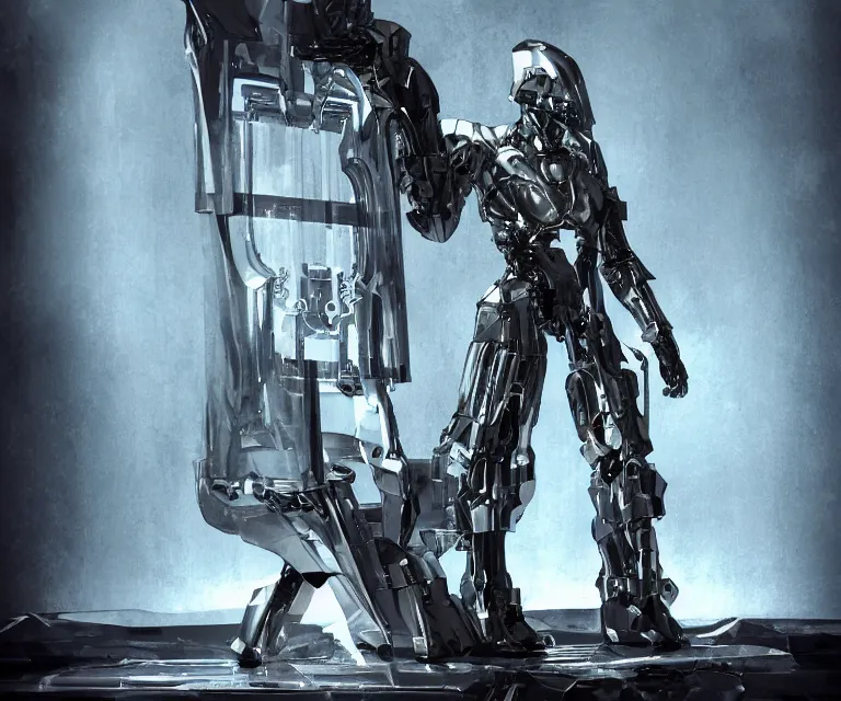 Image similar to translucent cyborg, metal throne, futuristic castle, fantasy sci - fi, sharp lines, metallic, 7 0 mm focus