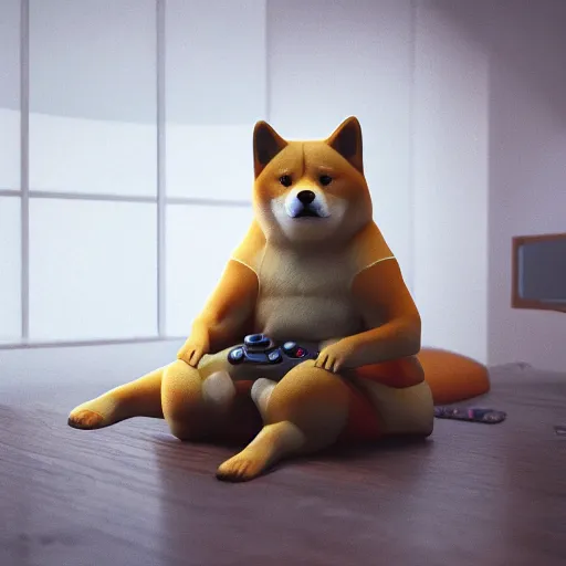 Image similar to photo of shibe playing video - game, realism, realistic, photorealism, f 3. 5, photography, octane render, trending on artstation, unreal engine, cinema 4 d