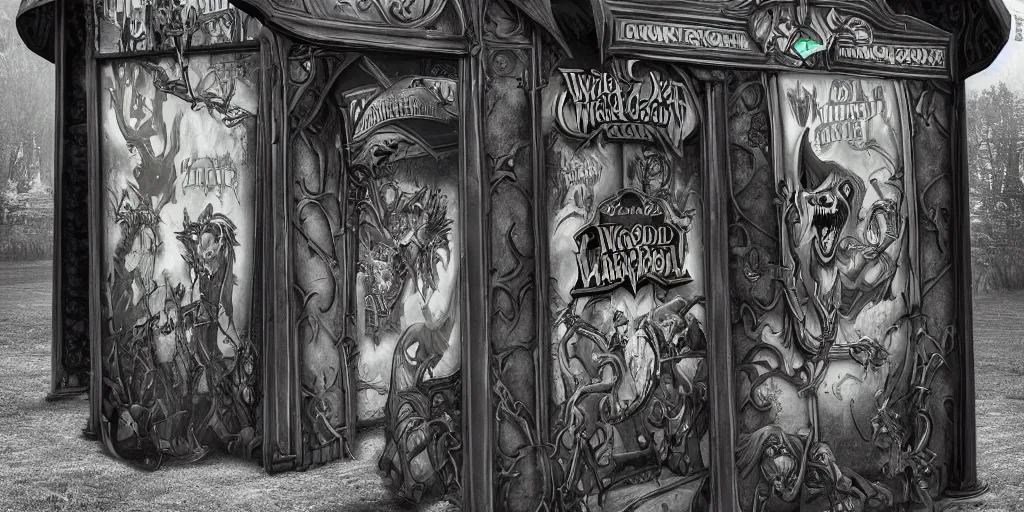 Prompt: a dark fantasy side view of a creepy evil carnival circus ticket booth, tim burton, world of warcraft, league of legends