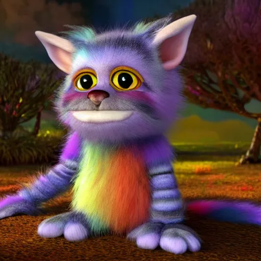 Prompt: cute colorful fuzzy furry alien monsters with big eyes and big ears, long detailed striped fur with gradient colors, detailed high quality 3 d render unreal engine in the style of maurice sendak, 4 k