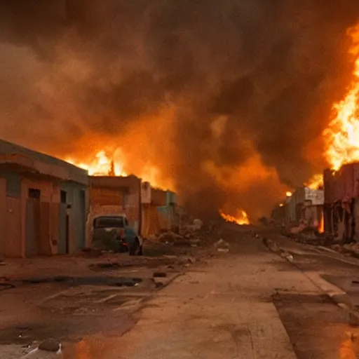 Image similar to a Film still of Karachi streets abandoned, on fire, dramatic, 4k, in the new Christopher Nolan movie