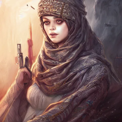 Image similar to the personification of the country Palestine by artgerm and wlop and scott fischer and seb mckinnon, digital art, highly detailed, wide shot, intricate, fantasy, mystical, sharp focus, Trending on Artstation HQ, deviantart, unreal engine 5, 4K UHD image