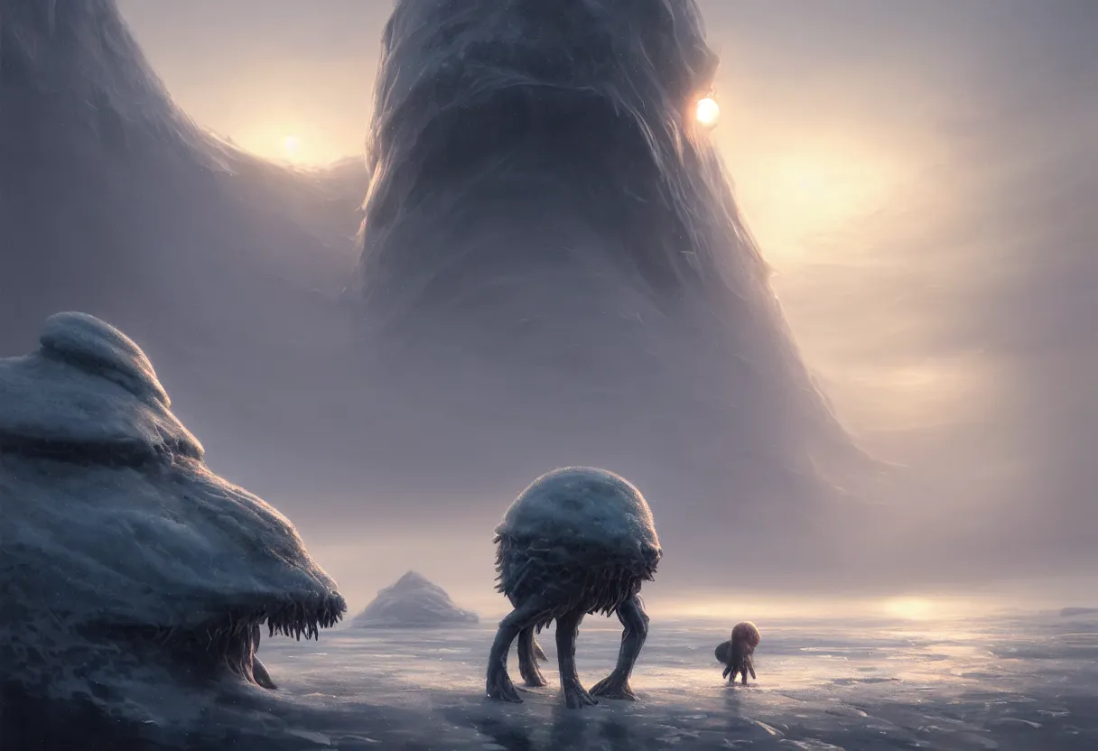 Prompt: strange sea animal emerging from surface of another frozen winter planet at sunset, ultra high definition, ultra detailed, symmetry, fog, matte painting, by greg rutkowski and ross tran and wlop