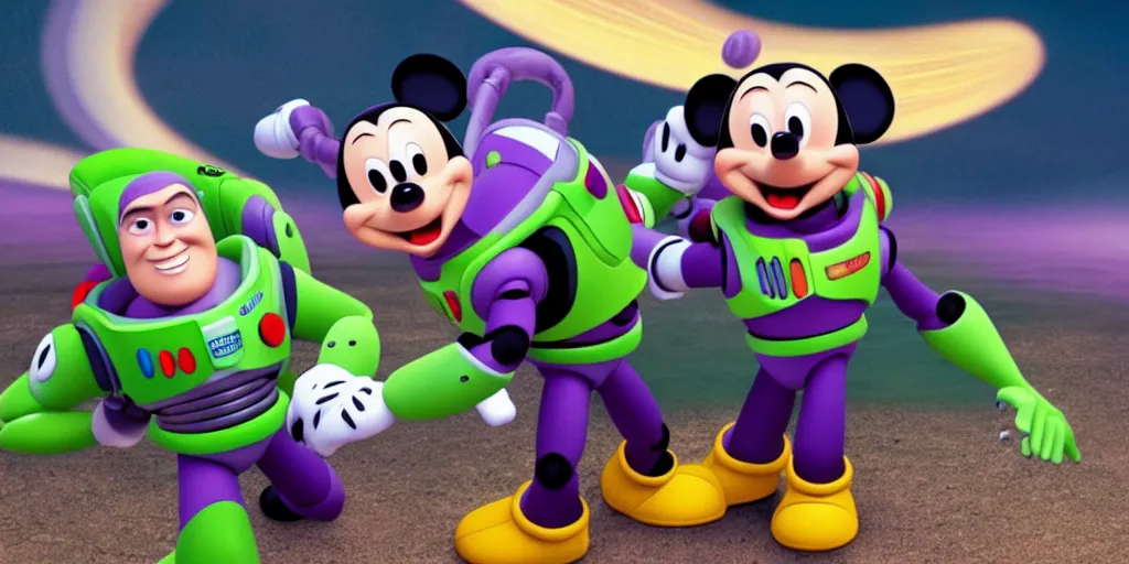 Image similar to mickey hates buzz lightyear, photo