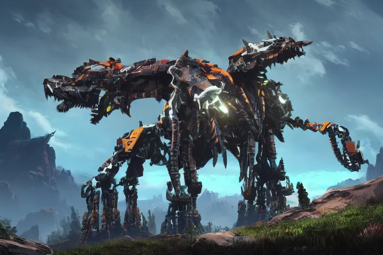 Image similar to grimhorn fanghorn machine mecha animal beast robot of horizon forbidden west horizon zero dawn bioluminiscence global illumination ray tracing hdr fanart arstation by sung choi and eric pfeiffer and gabriel garza and casper konefal