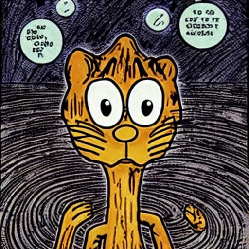 Prompt: Garfield as an eldritch abomination, illustrated by Junji Ito, manga panel