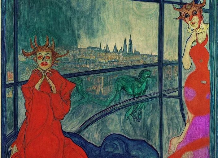 Prompt: woman in transparent vaporous night gown with demonic creature with horns and snout, with city with gothic cathedral seen from a window frame with curtains. vivid iridescent psychedelic colors. munch, egon schiele, bosch, henri de toulouse - lautrec, utamaro, monet, agnes pelton - h 7 0 4