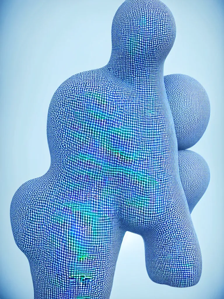 Prompt: a fine art photograph formal self sculpture by the artist kelbv, in distinct hyper realistic style with tubes neatly navigating the contours of his body, and fragmented body littered with light blue and white gingham spheroids, perfect bright studio lighting.