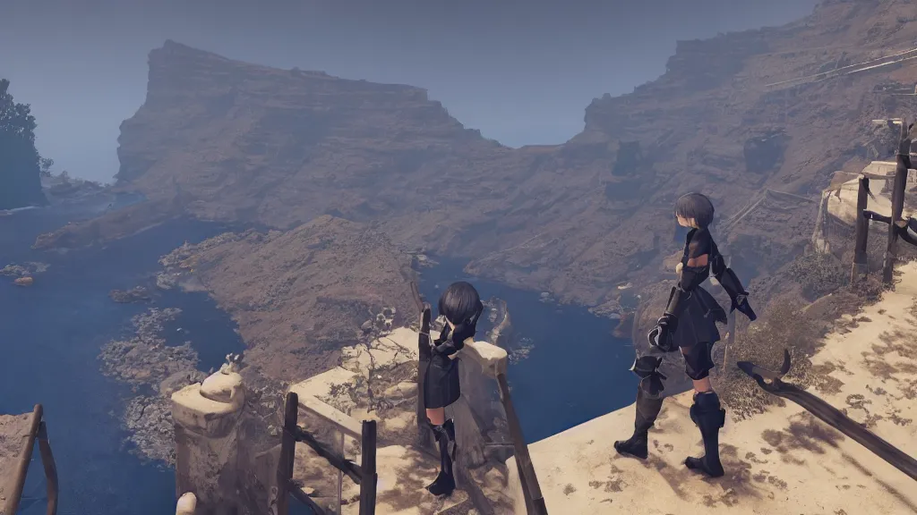 Image similar to Screenshot from Nier Automata, beautiful landscape in Santorini