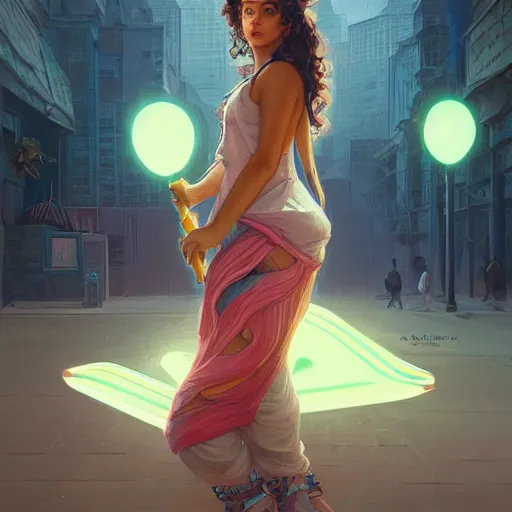 Prompt: character concept of a white bengali girl, chubby, riding a skateboard, neon lights, highly detailed, digital painting, artstation, concept art, symmetry, smooth, sharp focus, illustration, art by artgerm and greg rutkowski and alphonse mucha