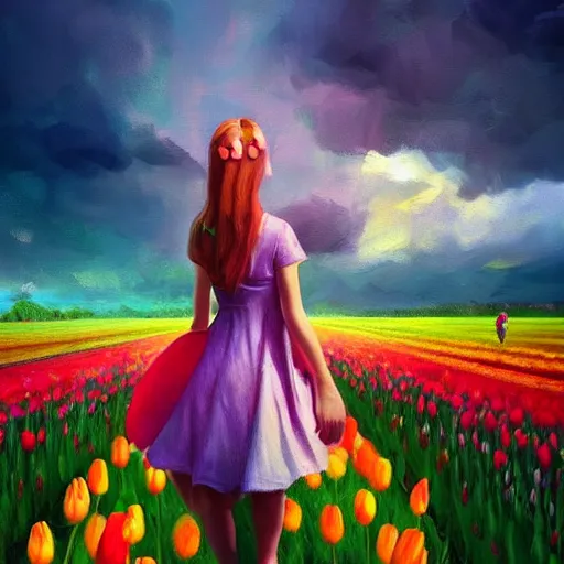 Prompt: large tulip as a face, girl walking in a flower field, surreal photography, sunrise dramatic light, impressionist painting, colorful clouds, digital painting, artstation, simon stalenhag, flower face