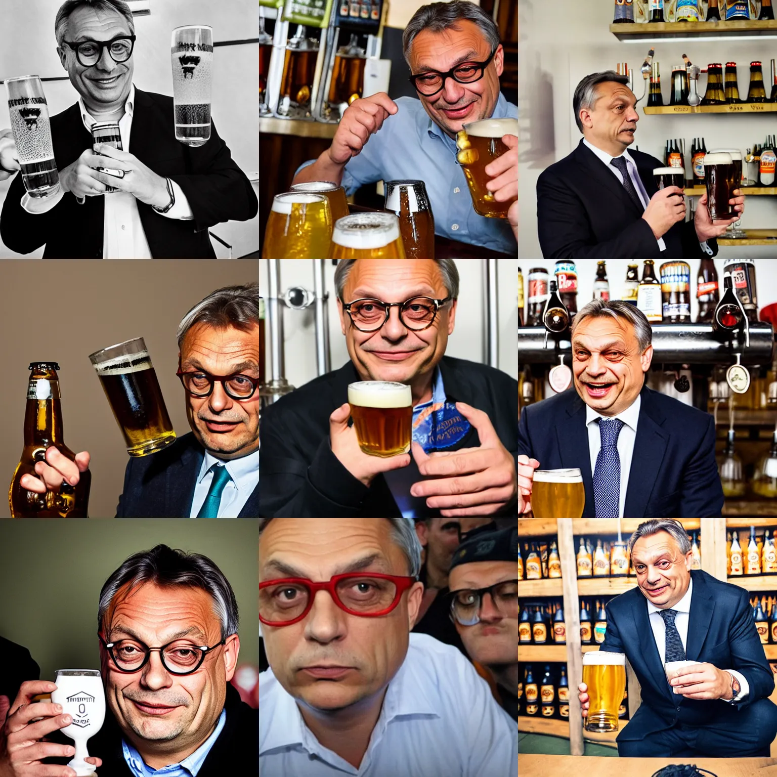 Prompt: photo of viktor orban wearing round glasses with craft beer by terry richardson