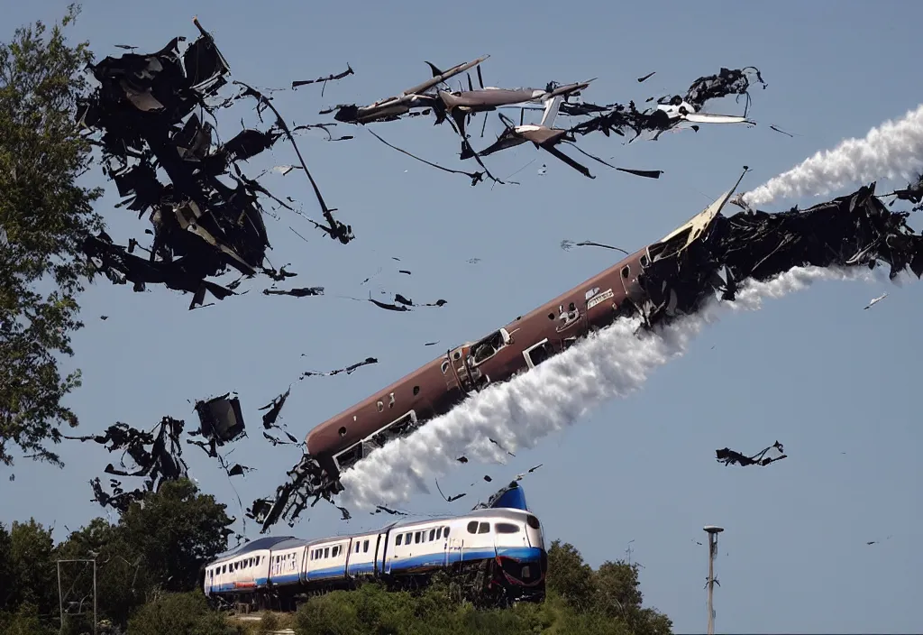 Image similar to plane and train crashing in the sky.