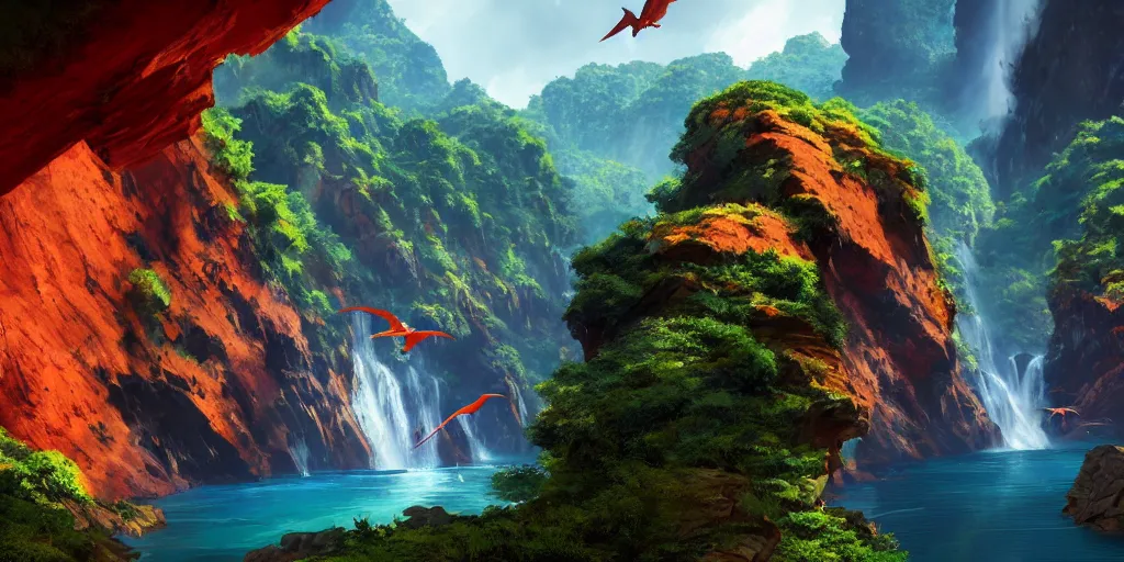 Prompt: wide angle view of swooping (orange red cerulean indigo) pterodactyl, over a deep canyon, mountainous jungle setting, trees, waterfall, river, rocks, dramatic lighting, highly detailed, artstation, unreal engine, matte painting in the style of craig mullins, Uncharted 4, fish eye lens, 8k HDR