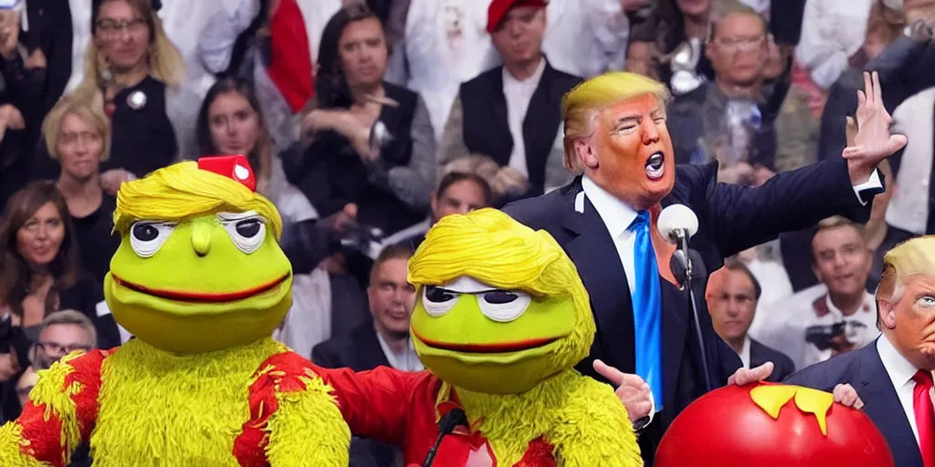 Prompt: Donald Trump in the land of H.R. Pufnstuf, photorealistic