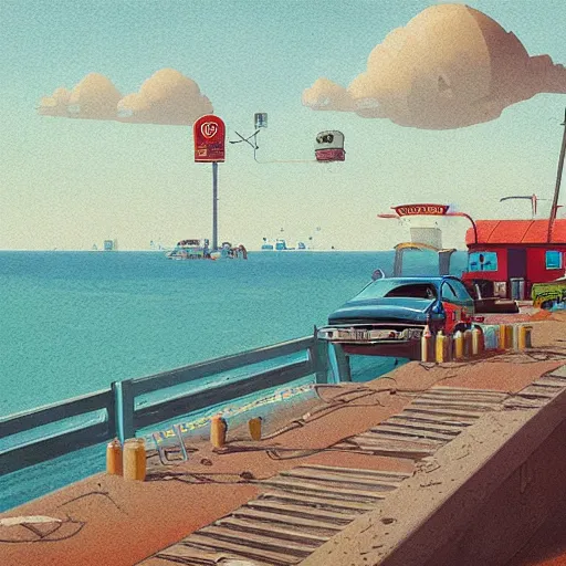 Image similar to drive - in burger restaurant by the beach by simon stalenhag