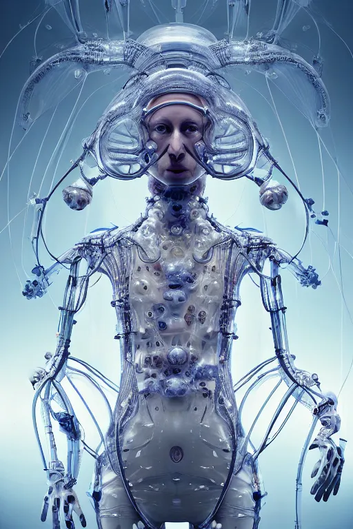 Image similar to background space station, baroque inflateble dress iris van herpen positing on floor, white helmet on face, perfect symmetrical, full body shot, inflateble shapes, wires, tubes, veins, jellyfish, white biomechanical details, wearing epic bionic implants, masterpiece, intricate, biopunk, vogue, highly detailed, artstation, concept art