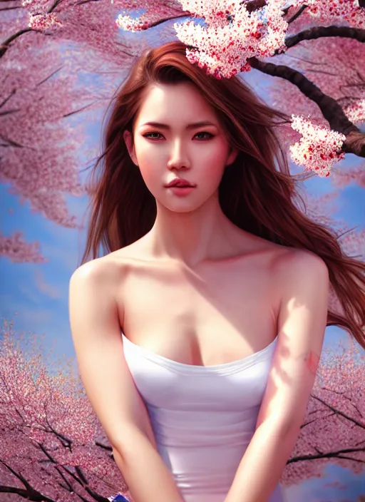 Prompt: photo of a gorgeous female in the style of stefan kostic, realistic, half body shot, sharp focus, 8 k high definition, insanely detailed, intricate, elegant, art by stanley lau and artgerm, extreme blur cherry blossoms background