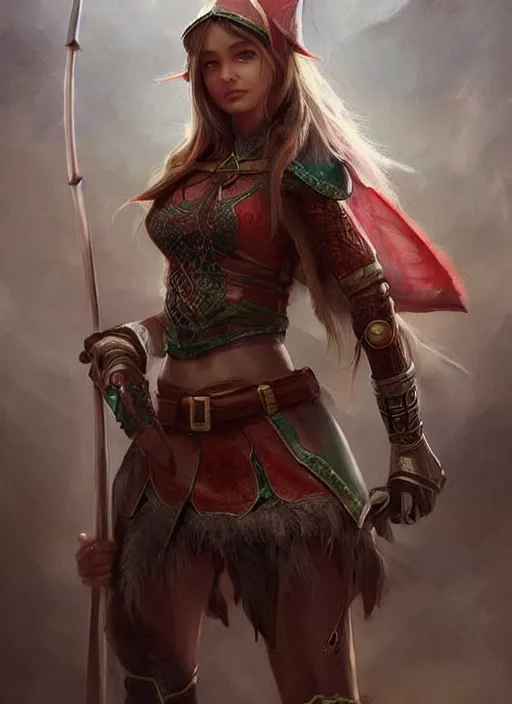 Image similar to hyper realistic painting, elf archer girl, elf armor, full body, rule of thirds, human proportion, good anatomy, beautiful face, conceptart, saturated colors, cinematic, artstation, pinterest, cgsociety