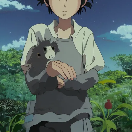 Prompt: friendly guy and small creature , with Fragile looking character portrait face made by Studio Ghibli highly detailed art, beautiful scene, sharp focus, smooth, 8k, anime art, wild, dark, fantasy