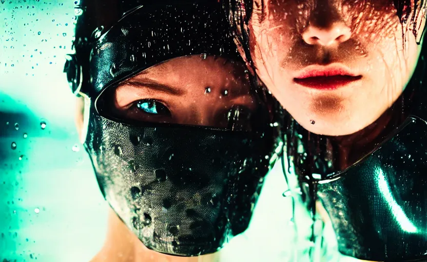 Image similar to cinestill 5 0 d candid action photographic portrait by quentin tarantino of two loving female androids wearing rugged black mesh techwear in treacherous waters, extreme closeup, modern cyberpunk retrofuturism moody emotional cinematic, pouring iridescent rain, 8 k, hd, high resolution, 3 5 mm, f / 3 2, motion blur, ultra realistic faces, ex machina