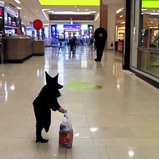 Image similar to security camera footage of a witch pouring a carton of milk on the floor in a mall