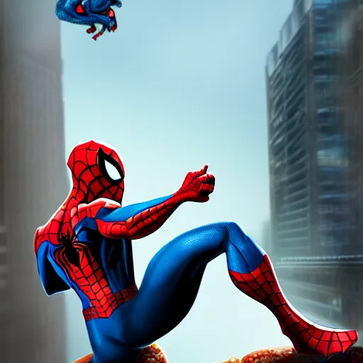 Image similar to spider - man eating donuts and seating on the raccoon, concept art, trending on artstation, highly detailed, intricate, sharp focus, digital art, 8 k