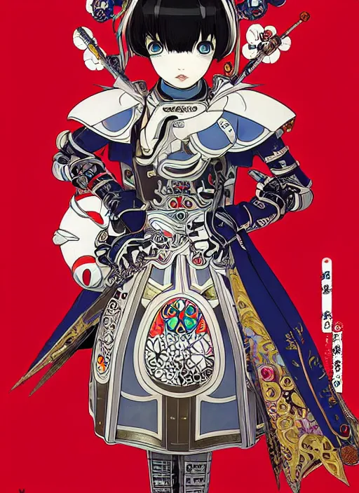 Image similar to takashi murakami, ilya kuvshinov, anime female knight in. ornate armor by, last exile, murata range, fine detail, perfect, dramatic lighting, dynamic composition, art deco, cel shading, vivid, rich texture, alphonse mucha, ( ( ( colorful ) ) ), ( ( ( yoshinari yoh ) ) ),