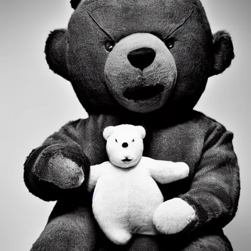 Image similar to Portrait studio photograph of Kanye West & an anthropomorphic teddy bear, close up, shallow depth of field, in the style of Felice Beato, Noir film still, 40mm