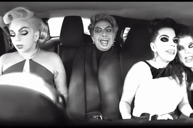 Image similar to lady gaga and judy garland doing carpool karaoke, lady gaga and judy garland, carpool karaoke, lady gaga, judy garland, carpool karaoke, youtube video screenshot, the late late show with james corden, higly realistic, high resolution, dashcam