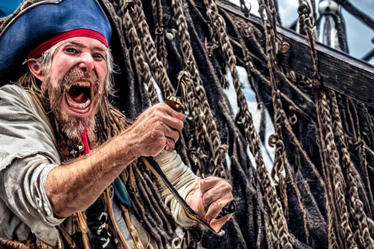 Prompt: closeup old pirate yelling and pointing his cutlass on an old pirate ship, by emmanuel lubezki