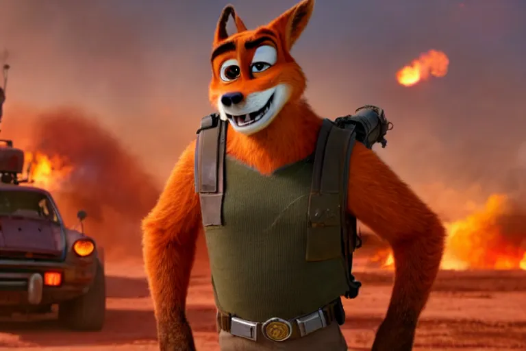 Image similar to nick wilde ( from zootopia ), heavily armed and armored facing down armageddon in a dark and gritty reboot from the makers of mad max : fury road