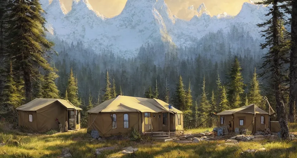 Image similar to cabela's beautiful comfortable community of modular insulated wall container home kit - house all weather military grade family dwelling tent house, person in foreground, mountainous forested wilderness open fields, beautiful views, painterly concept art, environmental concept art, concept art illustration, by james gurney, by craig mullins, by greg rutkowski trending on artstation