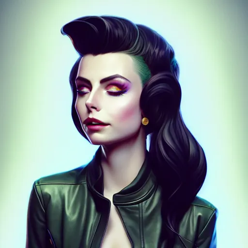 Image similar to a portrait of a beautiful willa holland pompadour long hair leather jacket, art by lois van baarle and loish and ross tran and rossdraws and sam yang and samdoesarts and artgerm, digital art, highly detailed, intricate, sharp focus, trending on artstation hq, deviantart, unreal engine 5, 4 k uhd image