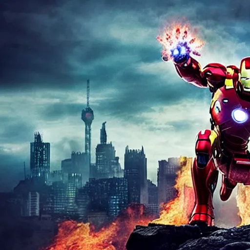 Image similar to < photo hd stunning reimagined mood = gritty gaze = camera > iron man shooting flames from his hands, burning city in the background < / photo >