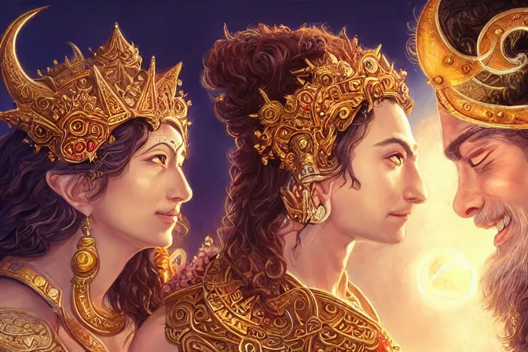 Image similar to close up moment of a divine a sun god and a moon goddess lovers magician at a wedding banquet, highly detailed, d & d, fantasy, highly detailed, digital painting, trending on artstation, concept art, sharp focus, illustration, art by artgerm and greg rutkowski and magali villeneuve