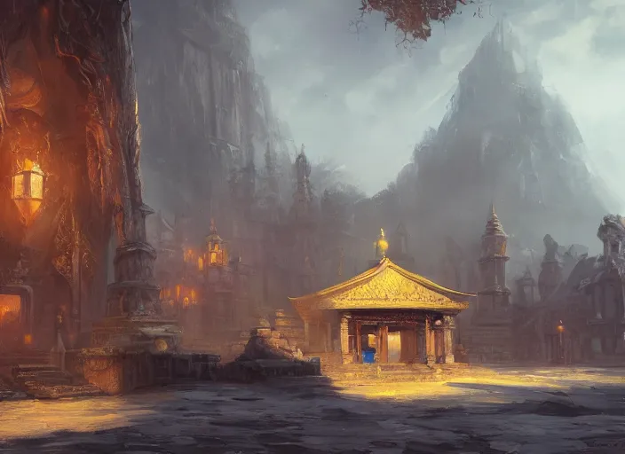 Image similar to cinematic shot, concept art of temple, oil painting by jama jurabaev, extremely detailed, brush hard, artstation, for aaa game, high quality, brush stroke
