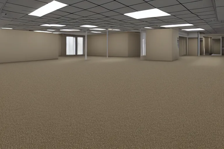 Image similar to 3 d render of jerma 9 8 5, jerma in endless halls of empty office space with worn light mono - yellow 7 0 s wallpaper, old moist carpet, and inconsistently - placed fluorescent lighting | liminal space | non - euclidean space | high octane | blender | 3 d render