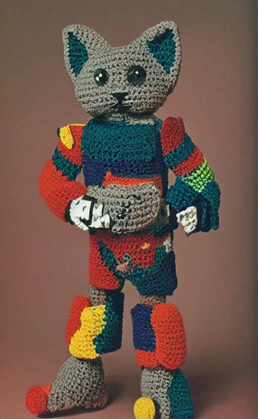 Prompt: multicolored crocheted cyborg cat, 1 9 8 0 s catalogue photo