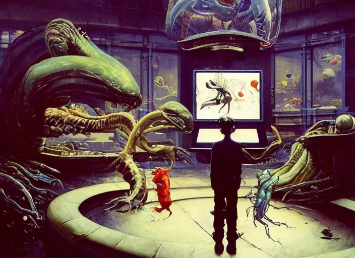Prompt: a large computer eith lots of power and a big aquarium by francis bacon, surreal, norman rockwell and james jean, greg hildebrandt, triadic color scheme, by greg rutkowski, in the style of francis bacon and edward hopper and beksinski, dark surrealism, grand theft auto video game, a still from the film alien